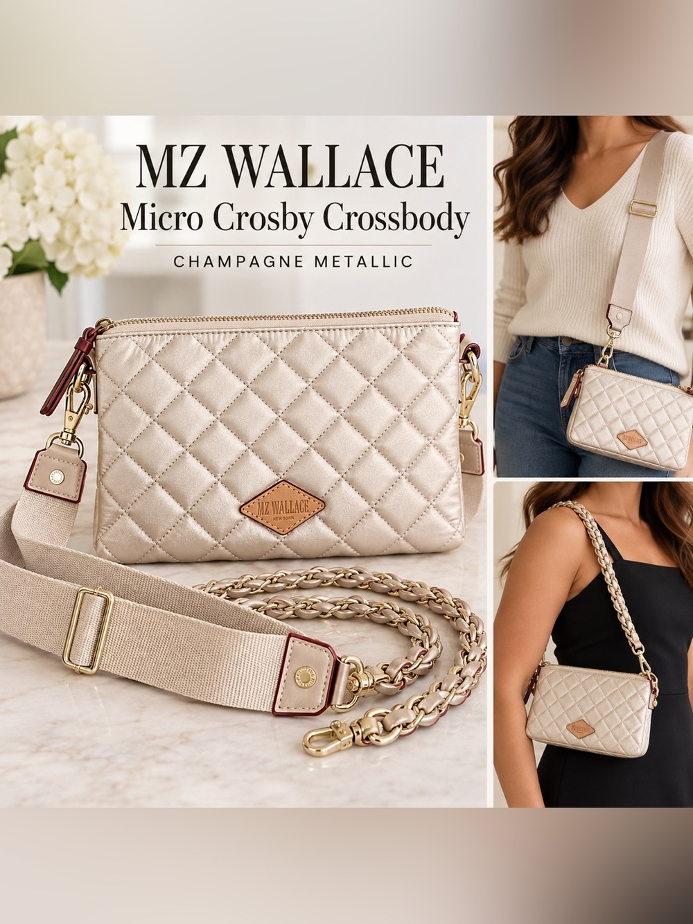 MZ Wallace Crosby Crossbody Champagne Metallic + 2 Straps